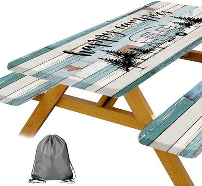 JAWO RV Camper Picnic Table Cover with Bench Covers, Camper Camping RV Essentials Gear Supplies Outdoor Waterproof Windproof Tablecloth with Elastic, 72in
