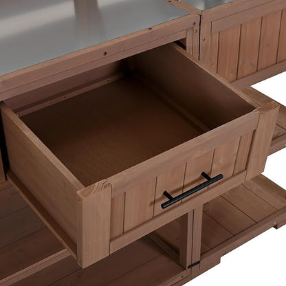 GDFStudio Elshire Patio Kitchen Island Cart with Storage, Wooden Outdoor Storage Cabinet with Stainless Steel BBQ Prep Table Top, Drawers, Raised Shelf and Lockable Wheels, Garden Potting Bench, Brown