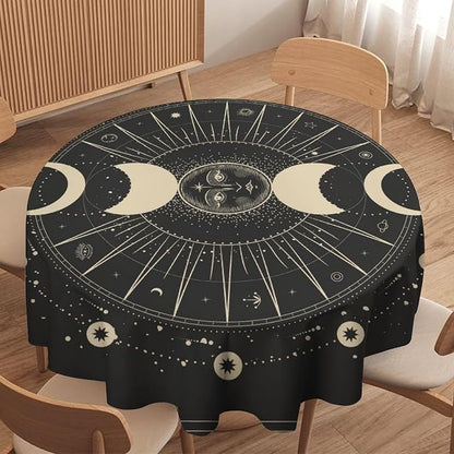 Vintage Moon Sun Round Tablecloth Moon Phase Star Galaxy Zodiac Signs Moonlight Table Cloth Water Resistant Wipeable Table Cover for Farmhouse Picnic Party Holiday Kitchen Dinner Table 60"