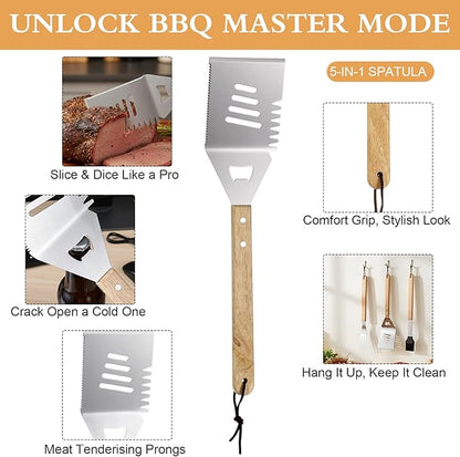 Pangda BBQ Accessories Grill Tools Set with Wooden Storage Case - 4 Pcs Grilling Accessories Gift for Dad Stainless Steel for Outdoor with Tongs Spatula Fork and Basting Brush Grilling Gifts