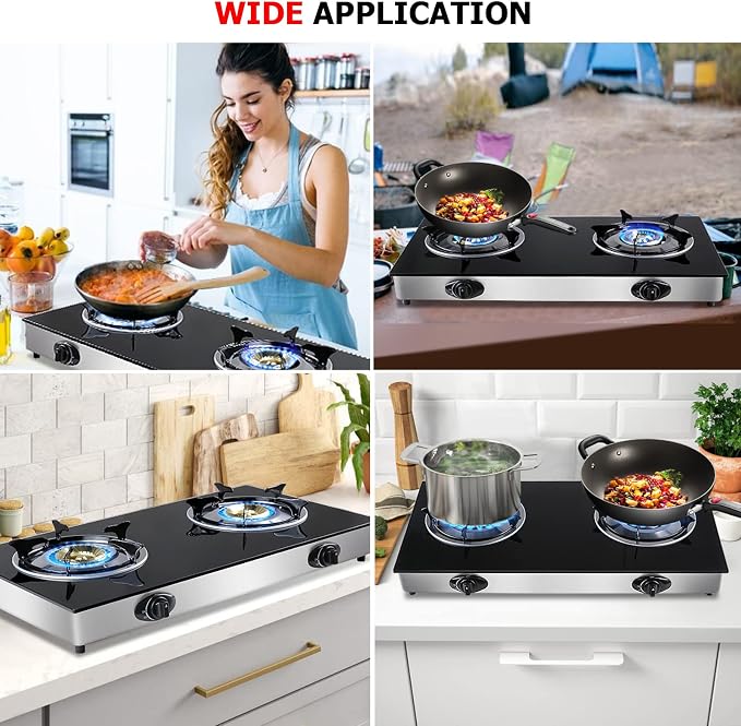 forimo Propane Gas Cooktop 2 Burners Gas Stove portable Tempered Glass Double Burners Stove Auto Ignition Camping Double Burner LPG for RV,Apartments,Outdoor