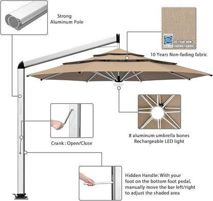 EliteShade USA Atlas 3-Tier 11FT Full Aluminum Cantilever Patio Umbrella for Outdoor restaurant Garden Courtyard Deck Pool and Marketing with Light,Heather Beige