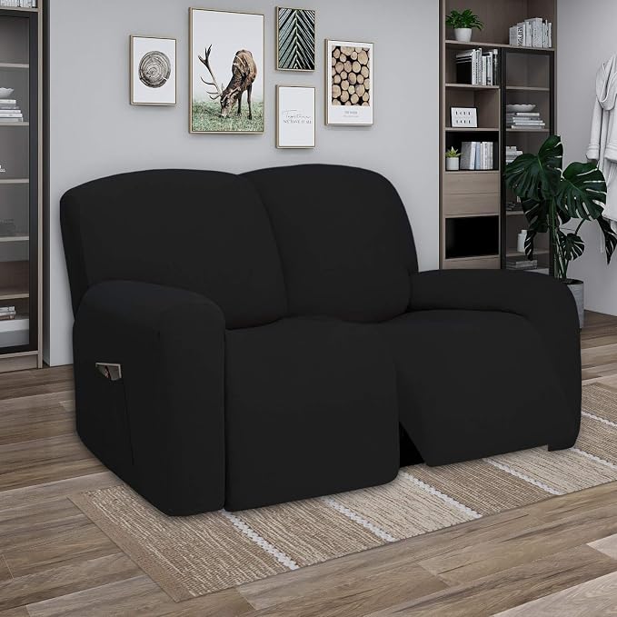 PureFit Super Stretch Loveseat Recliner Sofa Couch Cover with Pocket | 2 Seats Non Slip Soft Sofa Slipcover, Washable Reclining Furniture Protector for Kids, Pets (Recliner Loveseat, Black)