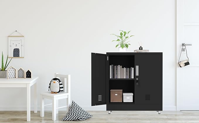 Metal Storage Cabinet with Locking Doors and Adjustable Shelf, Small Lockable Sideboard Buffet Cabinet for Home, Office, Entryway, Hallway, Living Room, Kitchen and Dining Room (Black)
