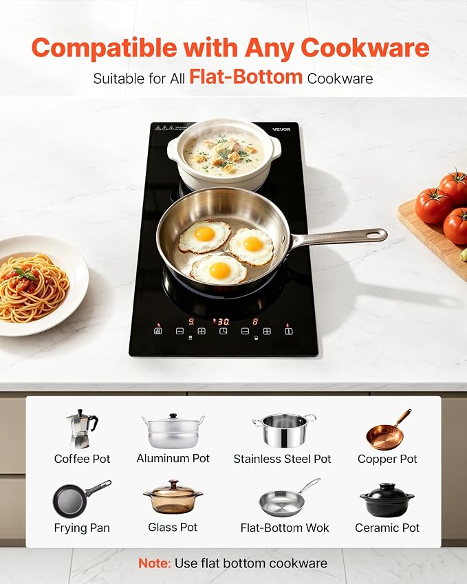 VEVOR Electric Cooktop 12inch 2 Burners Stove Top 3000W 220V No Plug, Ceramic Built-in Radiant Electric Stove, with 9 Power Levels, Timer, Child Lock, Over-Heat Guard, Touch Control