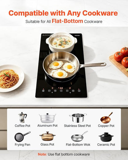 VEVOR Electric Cooktop 12inch 2 Burners Stove Top 3000W 220V No Plug, Ceramic Built-in Radiant Electric Stove, with 9 Power Levels, Timer, Child Lock, Over-Heat Guard, Touch Control