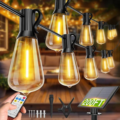 VOLIVO 200FT Solar String Lights Waterproof Patio ST38 Shatterproof | Bulbs with Remote & 8 Lighting Modes, 65+2 E12 Bulbs 2700K Warm White Solar Powered String Lights for Garden Backyard