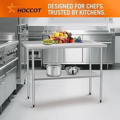 HOCCOT Stainless Steel Work Table 24" x 48" with Adjustable Undershelf and Backsplash, Commercial Workstations for Kitchen, Garage, Outdoor BBQ