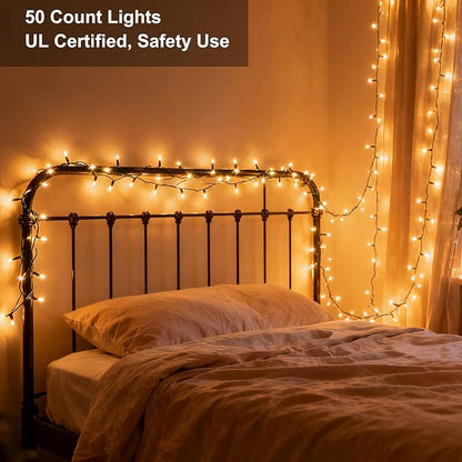BrizLabs Clear Christmas Lights, 50 Count Warm White Incandescent Lights | Linkable; UL Certified; Outdoor White Christmas Lights Mini Light Set Green Wire Indoor Outside Xmas Tree Holiday Party Decor