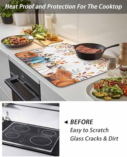 Stove Top Covers for Electric Stove 31x24 Inches, Fall Pumpkins HeatResistant Glass Cooktop Protector, Thanksgiving Weeping Leaves Watercolor Ceramic Stovetop Countertop Covers Vintage Mat, Oven Cover