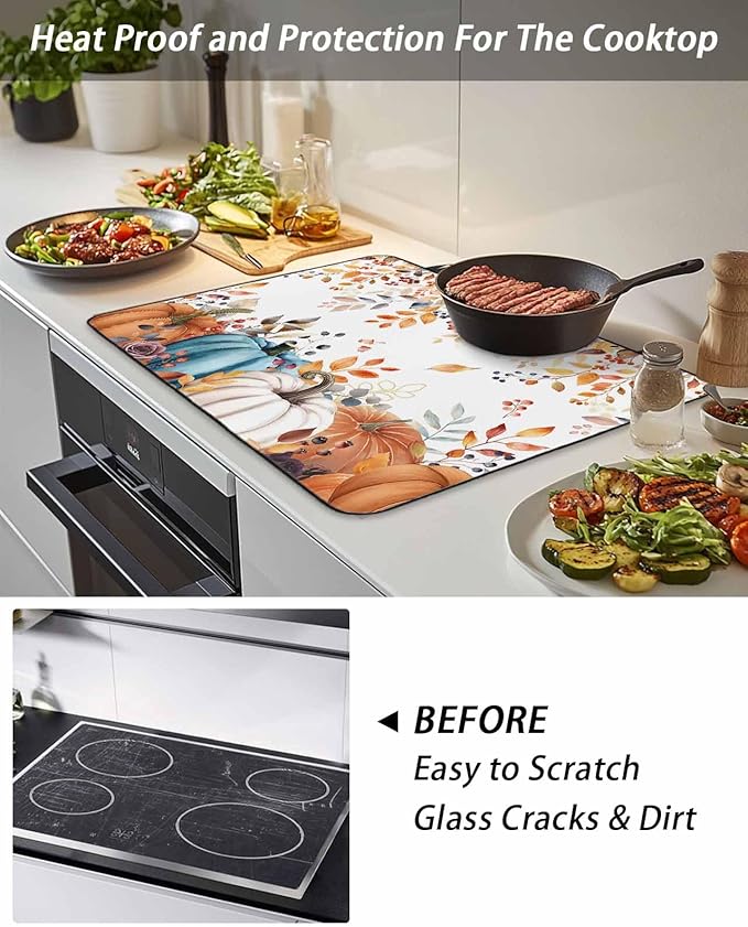 Stove Top Covers for Electric Stove 24x21 Inches, Fall Pumpkins HeatResistant Glass Cooktop Protector, Thanksgiving Weeping Leaves Watercolor Ceramic Stovetop Countertop Covers Vintage Mat, Oven Cover