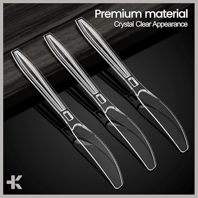 Bakken Disposable Cutlery Set 500 Pieces Knives, Heavy Duty Plastic Silverware, BPA-Free Food-Grade Materials, Heat-Resistant, Reusable Utensils for Parties, Catering, BBQs, and Everyday Use, Clear