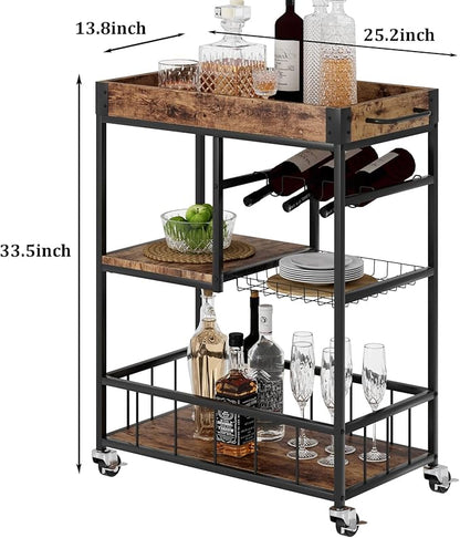 Bar Cart with Basket Wine Rack with Wheels Wood Metal Cart | Basket