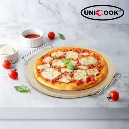 Unicook 16 Inch Round Pizza Stone for Oven and Grill, Comes with Carry Rack | Heat Resistant to 1450 ℉, Even Heating and Consistent Heat Retention, Crispy Crust for Fresh & Frozen Pizzas, Bread, Cookies
