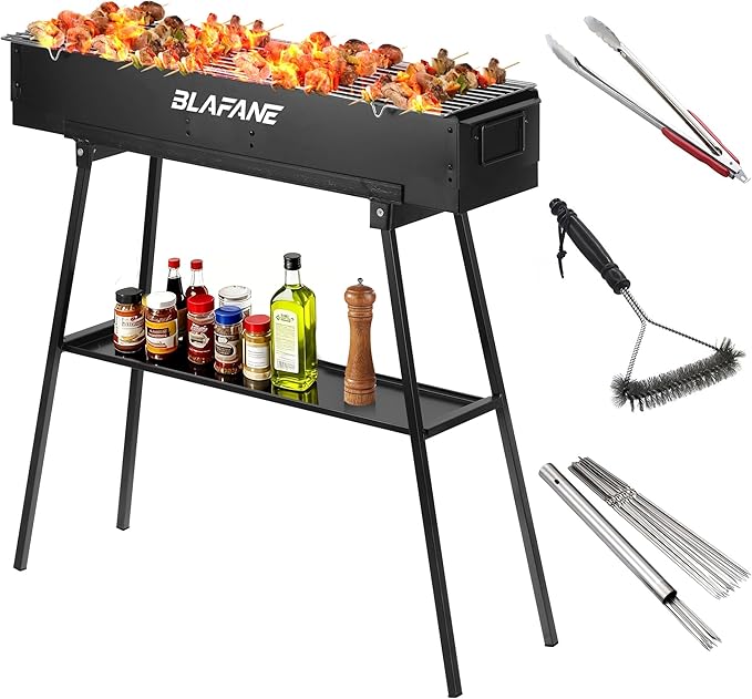 Charcoal Grill, Alloy Steel BBQ Barbecue Outdoor Grilling with Durable Support Frame and Dual Adjustable Vents for Tailgate Patio Beach Backyard(31.6x7.1x5.1 inch With Accessories), Black