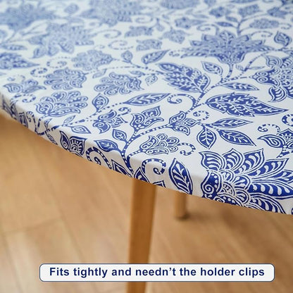 LIBERECOO Round Vinyl Fitted Tablecloth with Flannel Backing Elastic Edge Table Cover Waterproof Stain-Resistant Wipeable Tablecloths Fits 40-44 Inch Round Tables