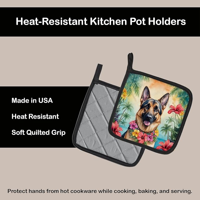 Caroline's Treasures German Shepherd Luau Pair of Pot Holders Kitchen Heat Resistant Pot Holders Sets Oven Hot Pads for Cooking Baking BBQ, 7 1/2 x 7 1/2