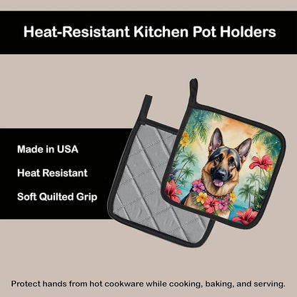 Caroline's Treasures German Shepherd Luau Pair of Pot Holders Kitchen Heat Resistant Pot Holders Sets Oven Hot Pads for Cooking Baking BBQ, 7 1/2 x 7 1/2