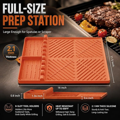 Silicone Grill Mat for Blackstone Griddle, 16x11.5 Extra-Thick Non-Slip Spatula Holder Mat with Grease Drip Pad, Heat Resistant BBQ Utensil Organizer for Side Shelf, Ideal Gifts for Men (Orange)