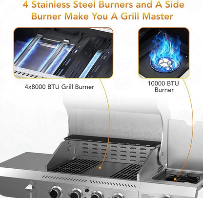 Electactic G41 Pro Gas Grill,Heavy-Duty Stainless Steel BBQ Grill,4 Burner Gas Grill with Side Burner,42000 BTU Propane Grill for Outdoor Cooking,Barbecue,Garden and Patio Backyard
