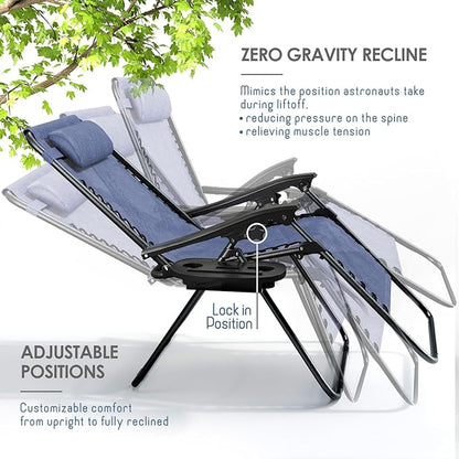 Nestl Zero Gravity Chairs, Portable Patio Lounge Chair Outdoor with Pillows & Cup Holder Trays, Adjustable Steel Mesh Reclining Camping Chair, Folding Patio Lawn Chair for Deck, Beach, Yard - Blue