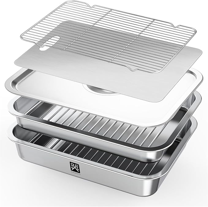 GOLDEN KEY Grilling Prep and Serve Tays,Stainless Steel Grill Carry System,Heat Resistant & Stackable,Grill Prep Trays Set of 5,Marinade Container with Lid and Cutting Board,Grilling Gifts for Men