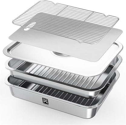 GOLDEN KEY Grilling Prep and Serve Tays,Stainless Steel Grill Carry System,Heat Resistant & Stackable,Grill Prep Trays Set of 5,Marinade Container with Lid and Cutting Board,Grilling Gifts for Men