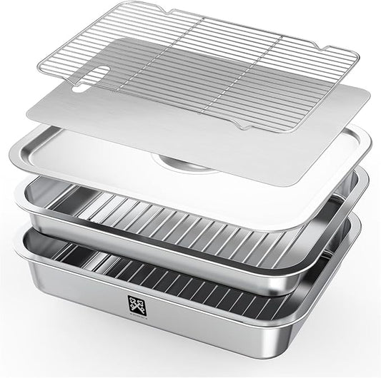 GOLDEN KEY Grilling Prep and Serve Tays,Stainless Steel Grill Carry System,Heat Resistant & Stackable,Grill Prep Trays Set of 5,Marinade Container with Lid and Cutting Board,Grilling Gifts for Men