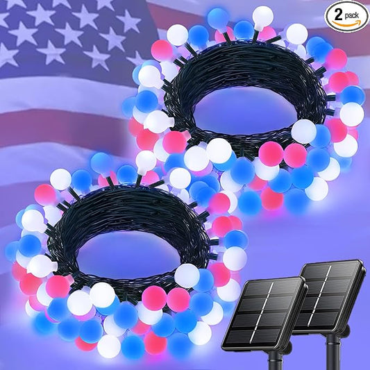 2-Pack 80 LED Red White and Blue Solar String Lights Outdoor - Waterproof 39FT Globe LED Solar Patriotic American Flag Lights with 8 Modes, 4th of July Decorations for Independence Day Memorial Day