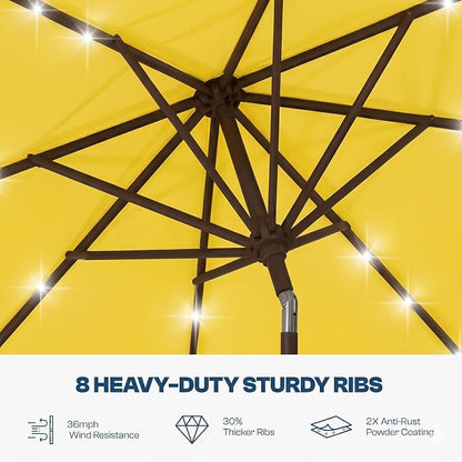 10FT Solar Lighted Patio Umbrella, Outdoor Table Market Umbrellas with Push Button Tilt and Crank, 32 LED Lights, 8 Sturdy Ribs, UV-Resistant for Deck, Garden, Pool