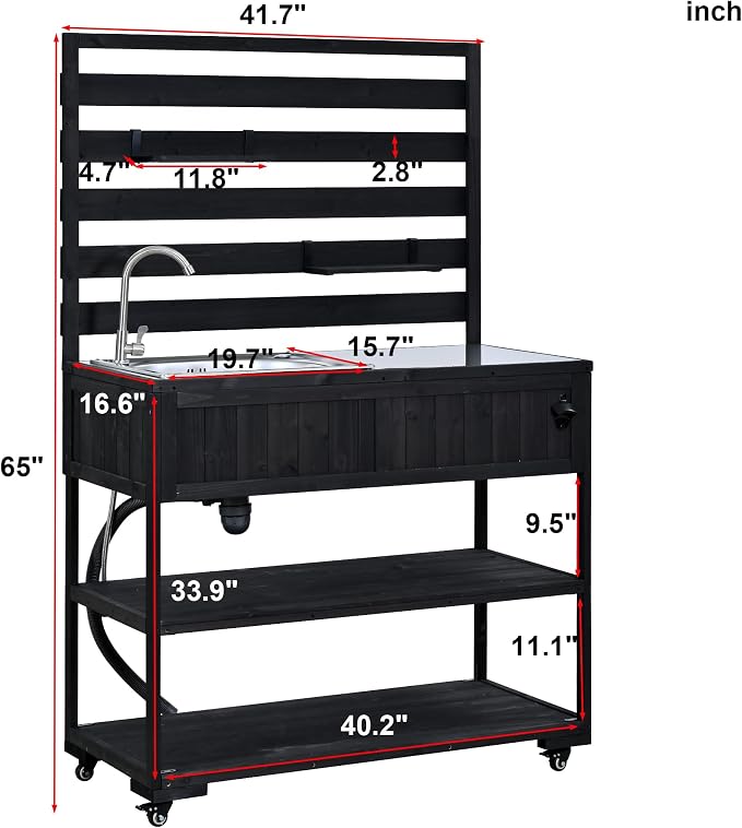42 Inch Patio Kitchen Island with Sink, Black | Black fir wood, stainless steel top and sink, garden or patio, movable shelves, bottle opener, lockable wheels, 41.7 in L