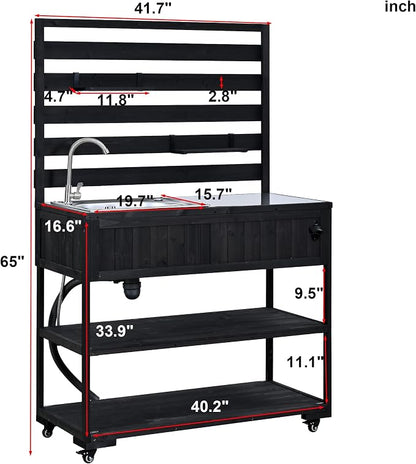 42 Inch Patio Kitchen Island with Sink, Black | Black fir wood, stainless steel top and sink, garden or patio, movable shelves, bottle opener, lockable wheels, 41.7 in L