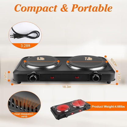 1800W Electric Stove Infrared Burner, Portable Double Burner Electric Cooktop with Stepless Temperature Adjustments, Counter Dual Stove with 7.5” Glass Cooktop for Home RV Camp Cooking