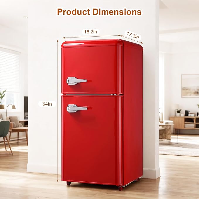 Retro Mini Fridge with Freezer 3.5 Cu. Ft, Small Refrigerator with 7 Level Adjustable Thermostat, Compact Classic Dual Door Fridge Removable Glass Shelves for Apartments, Dorm, Office, Red