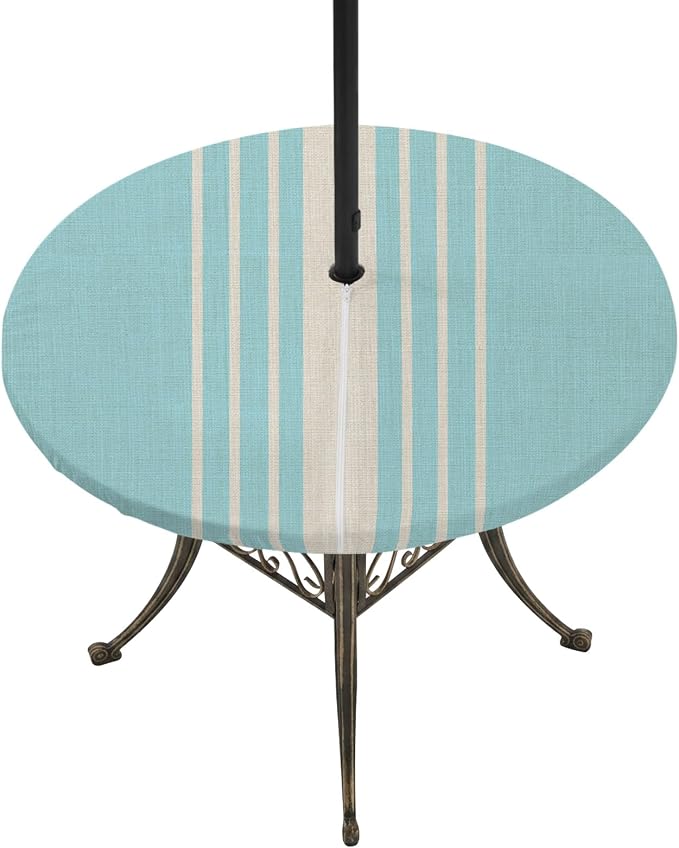Outdoor Fitted Tablecloth with Umbrella Hole and Zipper, Lake Blue Beige Striped Elastic Round Patio Table Cover, Farmhouse Retro Lines Modern Table Protector for Backyard BBQ Party 45''-54''