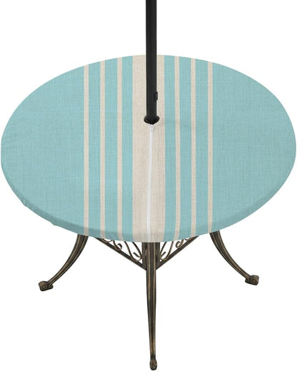 Outdoor Fitted Tablecloth with Umbrella Hole and Zipper, Lake Blue Beige Striped Elastic Round Patio Table Cover, Farmhouse Retro Lines Modern Table Protector for Backyard BBQ Party 55''-60''