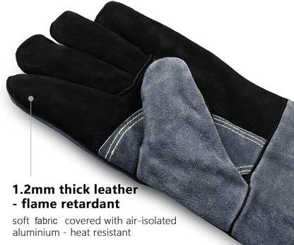 OZERO 16 Inch Heat Resistant Welding Gloves, 20% Thicker Genuine Split Cowhide 932℉ EN407 Certified Leather Fire Gloves for Grill Oven Fireplace Black-gray