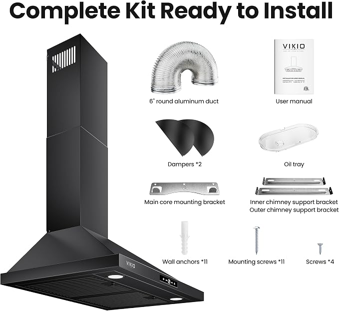 VIKIO HOME 36 Inch Wall Mount Range Hood 580CFM Low Noise Touch Control | Ducted/Ductless Convertible, Stainless Steel Kitchen Vent Hood with 3-Speed Fan and LED Lights, Black