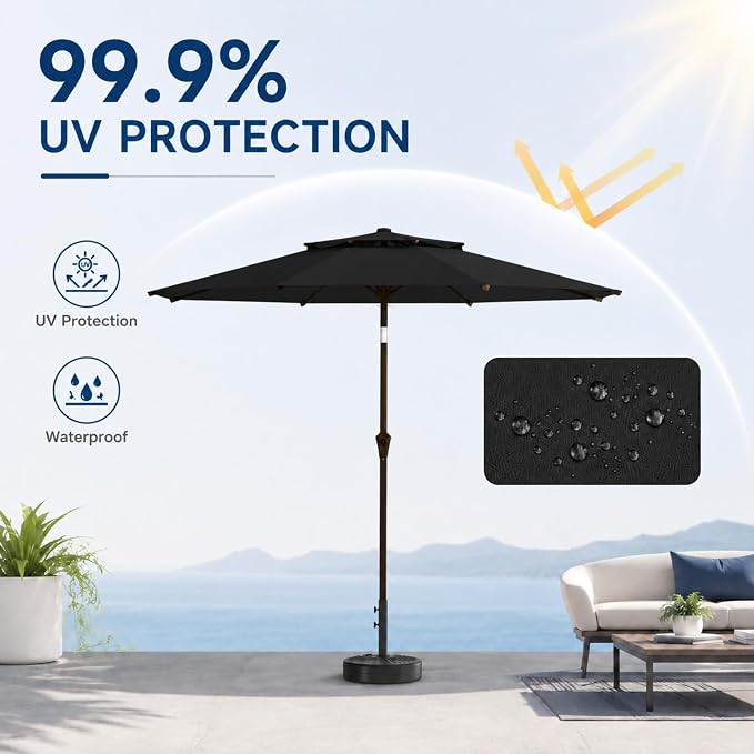 10FT Patio Umbrella, 2 Tier Outdoor Table Umbrella, Large Vented Market Umbrellas with Push Button Tilt and Crank, 8 Sturdy Ribs for Backyard, Deck, Pool, UPF50+ UV Protection