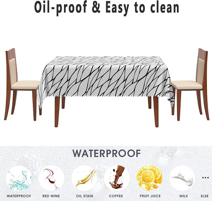 Black and White Geometric Fabric Waterproof Tablecloth 60x120 Inch Abstract Irregular Stripes Tablecloths Dining Table Cloth Buffet Parties Patio and Camping Chic Decoration for Home Kitchen