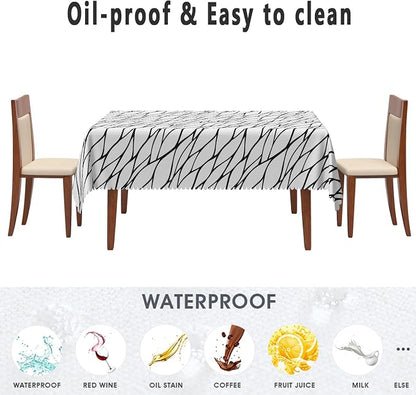 Black and White Geometric Fabric Waterproof Tablecloth 52x70 Inch Abstract Irregular Stripes Tablecloths Dining Table Cloth Buffet Parties Patio and Camping Chic Decoration for Home Kitchen