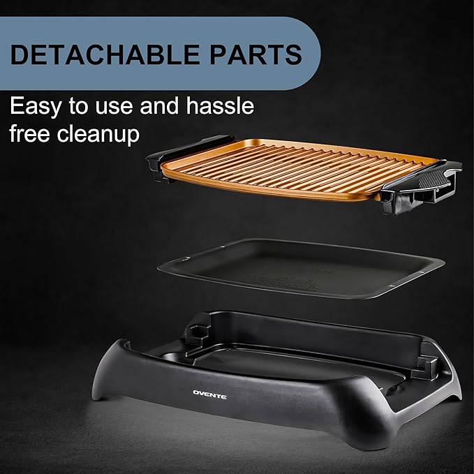 OVENTE Electric Indoor Grill with 13x10 Inch Non-Stick Cooking Surface, 1000W Fast Heat Up Power, Adjustable Temperature, Removable and Dishwasher Safe Grilling Plate and Drip Tray, Copper GD1632NLCO
