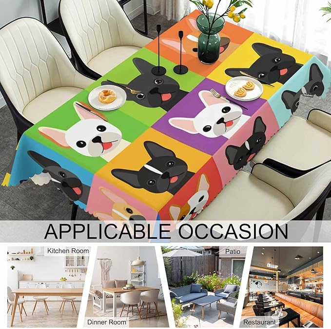Rectangle Tablecloth French Bulldog, Stain-Resistant Table Cloth Colorful Puppy Bulldog Head Coffee Table Cover 52x70 Inch Tablecloths for Home Canteen Dining Kitchen Outdoor