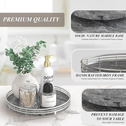 AHM10-Inch Gray Marble Lazy Susan with Silver Iron Frame | Smooth rotating oak tray with walnut finish for dining tables, kitchen counters, pantries and cabinet storage.