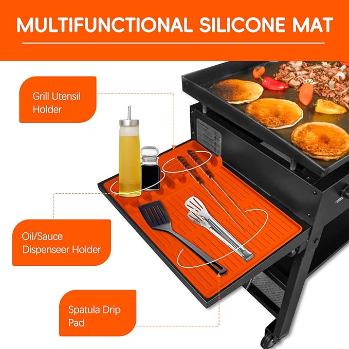 Silicone Griddle Tools Mat for Blackstone, Heat Resistant Spatula Mat, BBQ Grill Tool Rest, Silicone Grill Pad，Blackstone Griddle Accessories for Kitchen, Cooking & Countertop (Orange)