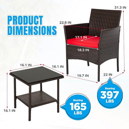 FDW | 3-Piece Patio Furniture Set | Brown & Red | Outdoor Wicker Furniture with Coffee Table | Modern Rattan Chairs Conversation Set | Outdoor Seating | Weather-Resistant | for Porch, Garden, Lawn