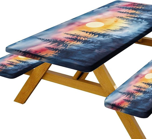 JAWO Picnic Table Cover with Bench Covers, Forest Mountain Camping RV Essentials Gear Supplies Outdoor Camper Waterproof Windproof Tablecloth with Elastic, 60in