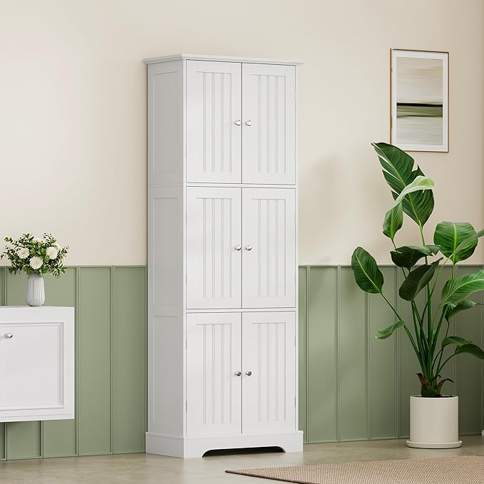 ChooChoo 63.2" Tall Bathroom Storage Cabinet with 6 Doors | Freestanding Floor Cabinet, Adjustable Shelves, Pantry Cabinet for Bathroom, Kitchen, Laundry Room, White