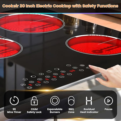 Electric Cooktop 30 Inch - 5 Burner Electric Stove Built-in(29.13"x19.3") 8400W High Power, 30 In Ceramic Stove Touch Control with Timer, Safety Lock, Glass Metal Frame, 220-240V Hard Wired