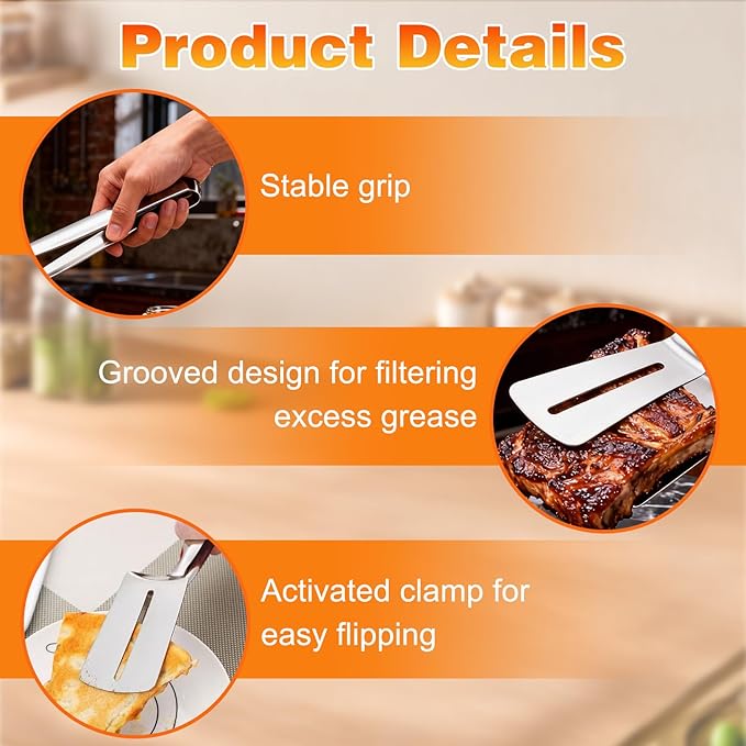Stainless Steel Grill Clamp, 2PCS Grill Clamp Spatula, Anti-Scald Extended Handle Spatula Tong, 2026 New Multi-Functional Stainless Steel Barbecue Clamp Food for Flipping Steak Fish Bread BBQ